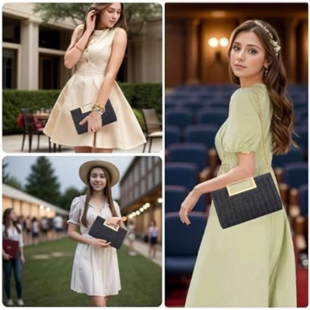 Straw Raffia Woven Clutch Handbag Black Crossbody Purse with Gold Chain